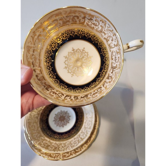 (3) PARAGON By Appt Her Majesty DW Blue Gold Floral Teacup Saucer & Side Plate - Picture 6 of 9